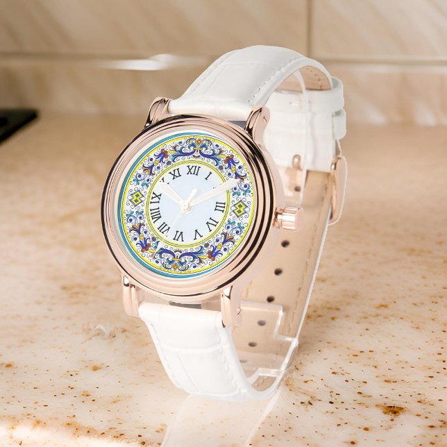 Reloj De Pulsera Italiano Antico Deruta Intricadas Damas Florales A (Zazzle Italian Antico Deruta Intricate Blue Floral Ladies Watch)