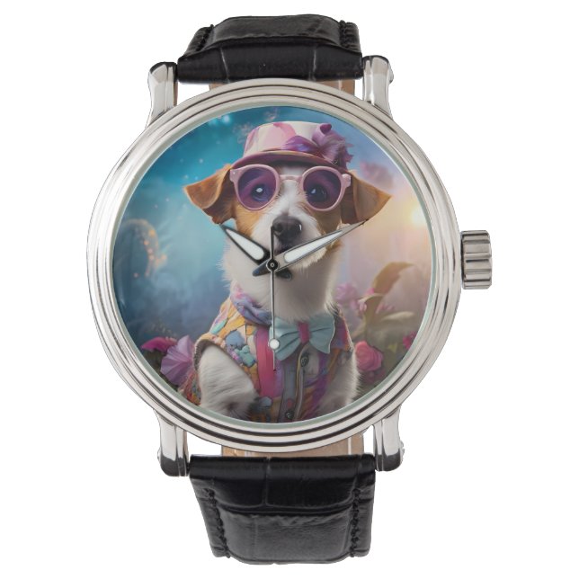 Reloj De Pulsera Jack Russell, anteojos rosados y gorra rosa (Anverso)