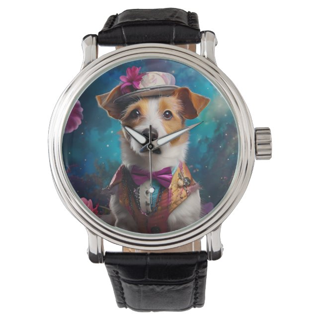Reloj De Pulsera Jack Russell, gorra blanco, flor rosa (Anverso)
