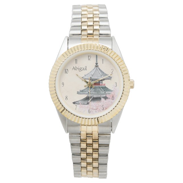 Reloj De Pulsera Japón: Florecen cerezos en templos japoneses perso (Anverso)