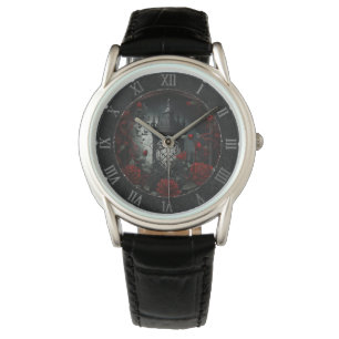 Reloj De Pulsera Jardín del Rosa del Cementerio Gótico con rojo y n