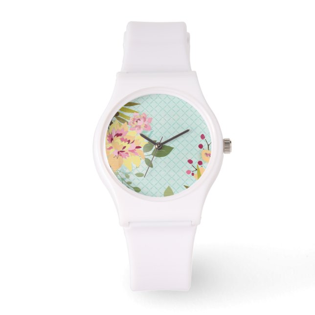 Reloj De Pulsera Jardín floral, fondo azul (Anverso)