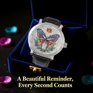 Reloj De Pulsera Jardín Joyero de Vidrio Emplomado Mariposa Floral