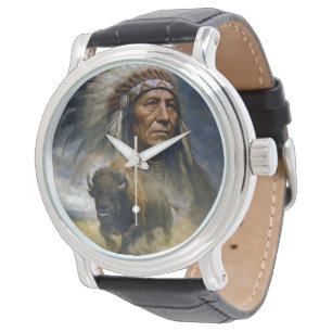 Reloj De Pulsera Jefe nativo americano con búfalo cargando