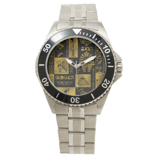 Reloj De Pulsera Jeroglíficos y collage de símbolos de oro egipcio (Anverso)