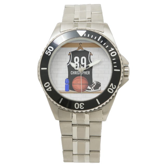 Reloj De Pulsera Jersey de baloncesto blanco y negro personalizado (Anverso)