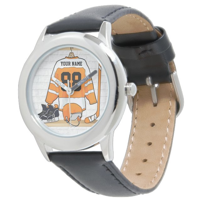Reloj De Pulsera Jersey de hockey sobre hielo blanco y Naranja pers (Angular)
