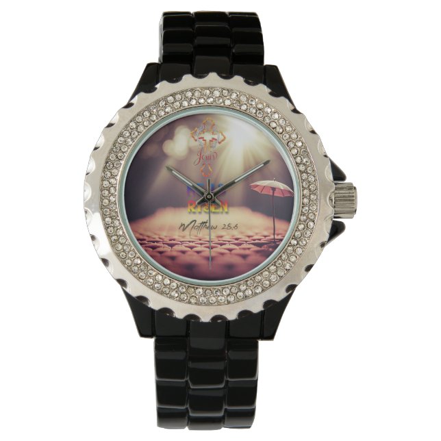 Reloj De Pulsera Jesucristo Cruz Dorada Se Levanta Mateo 28:6 (Anverso)