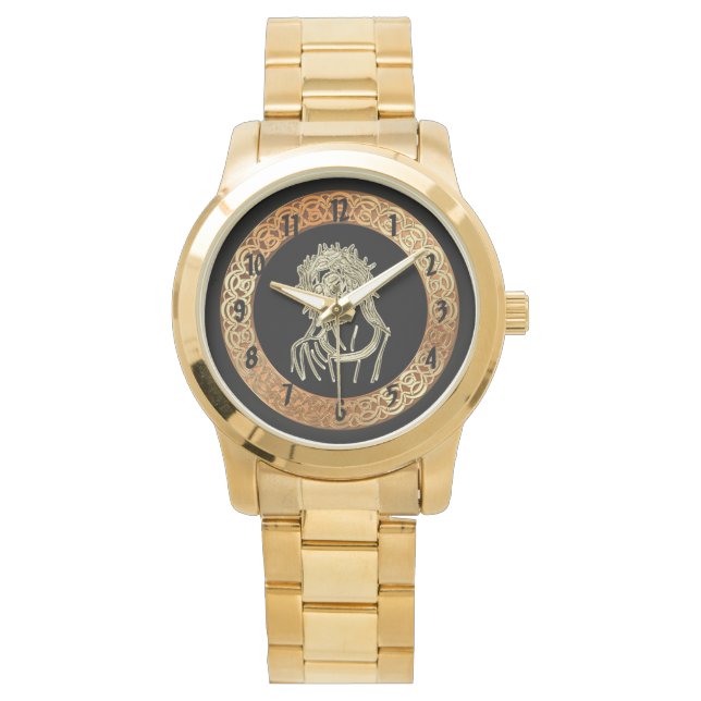 Reloj De Pulsera Jesús del oro mirando hacia el Dios brillando con  (Anverso)