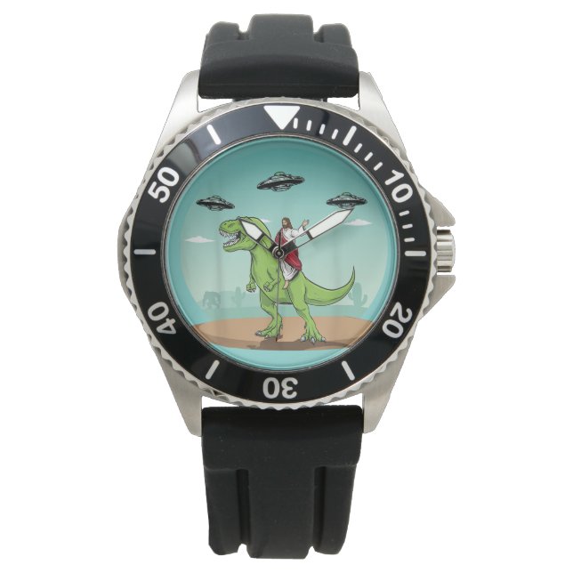 Reloj De Pulsera Jesús Divertido Montando Dinosaurio Alien (Anverso)