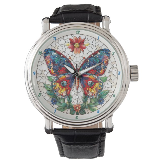 Reloj De Pulsera Jeweled Garden Stained Glass Butterfly Floral  (Anverso)