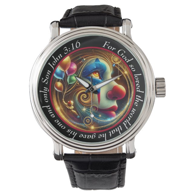 Reloj De Pulsera John 3:16 Vibrant Clown Timepiece Joyful Faith (Anverso)