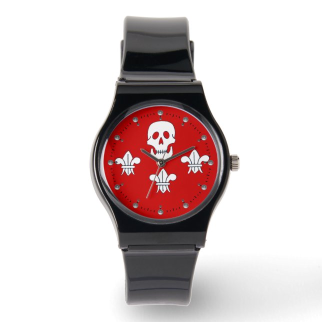 Reloj De Pulsera JOLLY ROGER SKULL Y LA BANDERA DE TRES LILIES, Roj (Anverso)