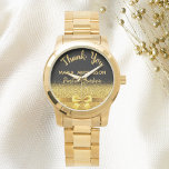 Reloj De Pulsera Jubilación de oro negro de los trabajadores postal<br><div class="desc">Elegante,  clásico,  glamuroso y femenino. Un regalo para un trabajador postal retirado. Un falso arco de color dorado. Fondo negro. Con el texto: Gracias,  plantillas para un nombre y ocupación,  profesión.</div>