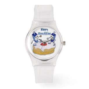 Reloj De Pulsera Judaica Happy Hanukkah Dancing Dreidels Doughnut
