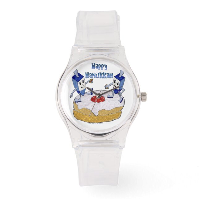 Reloj De Pulsera Judaica Happy Hanukkah Dancing Dreidels Doughnut (Anverso)