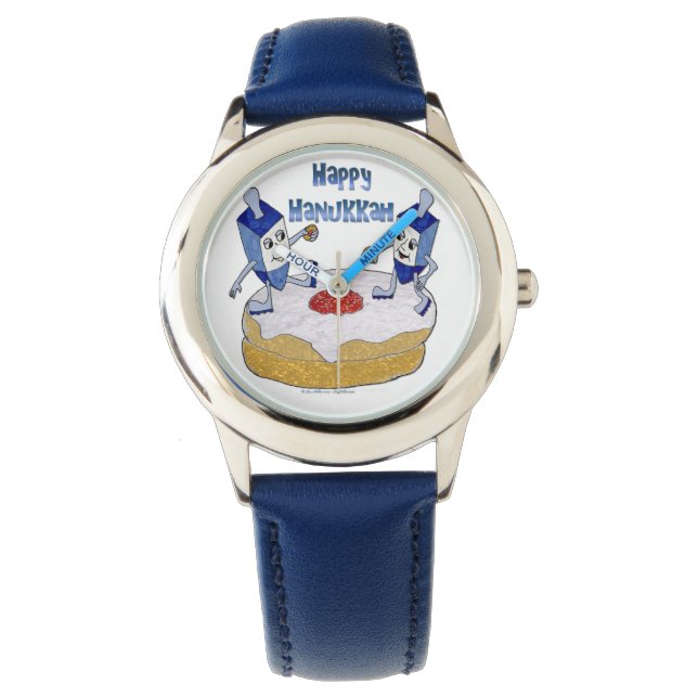 Reloj De Pulsera Judaica Happy Hanukkah Dancing Dreidels Doughnut (Anverso)