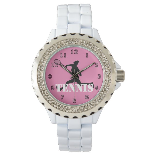 Reloj De Pulsera Jugador de tenis Chica de silueta rosa, negro, bla (Anverso)