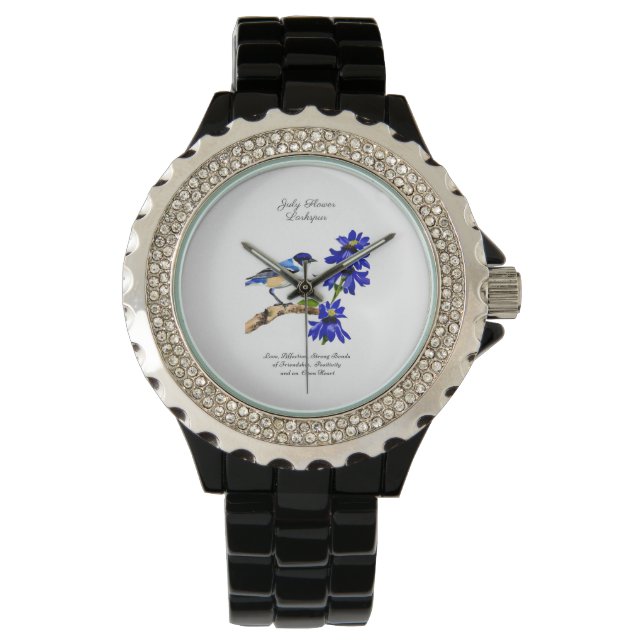Reloj De Pulsera Julio Mes de Nacimiento Flor Pájaro Azul y Larkspu (Anverso)