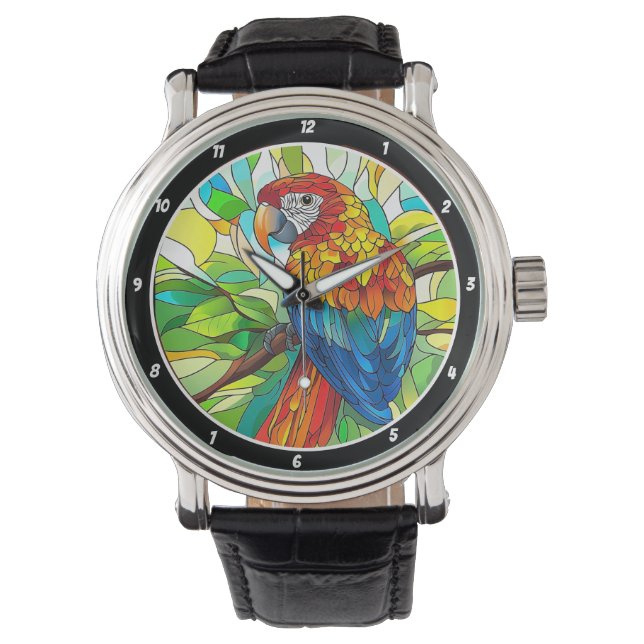 Reloj De Pulsera Jungle Harmony" - Stained Glass Parrot (Anverso)