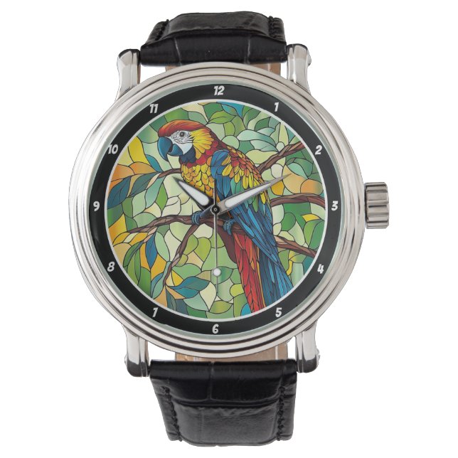 Reloj De Pulsera Jungle Symphony" - Stained Glass Macaw Wall (Anverso)