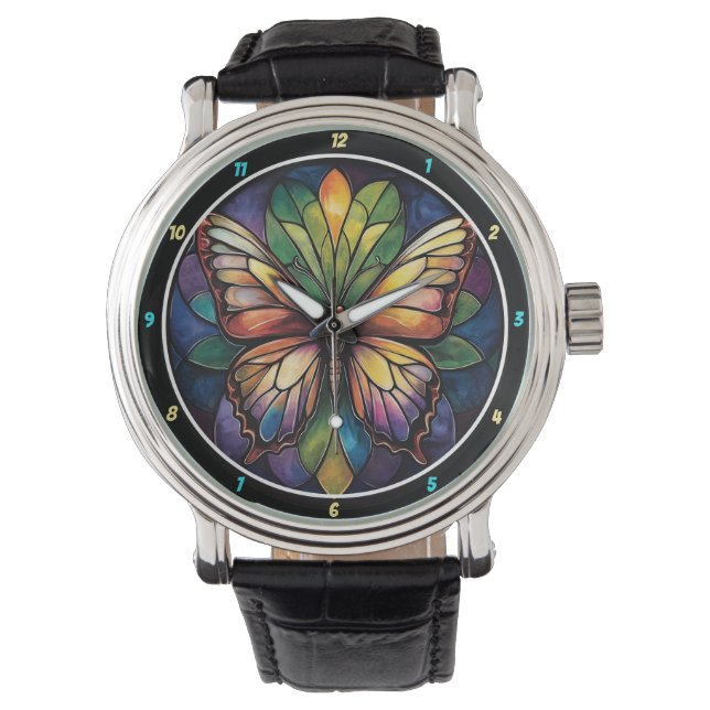 Reloj De Pulsera Kaleidoscope Garden" - Stained Glass Butterfly (Anverso)