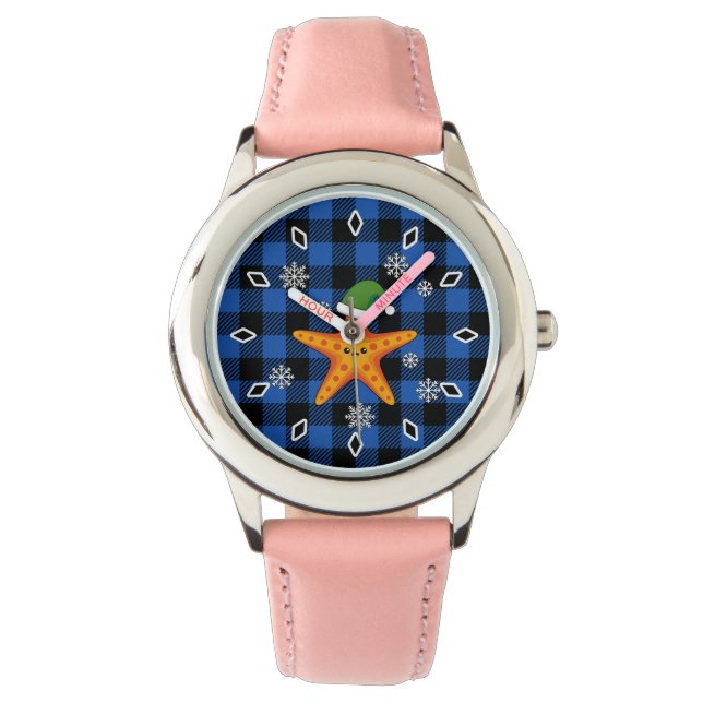 Reloj De Pulsera Kawaii Navidad Starfish en patrón de búfalo azul (Anverso)
