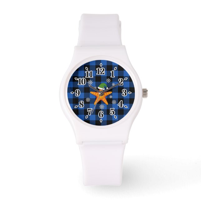 Reloj De Pulsera Kawaii Navidad Starfish en patrón de búfalo azul (Anverso)