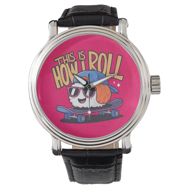 Reloj De Pulsera Kawaii Sushi divertido en patineta (Anverso)