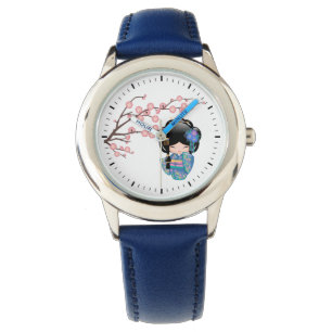 Reloj De Pulsera Keiko Kokeshi Doll - Blue Kimono Geisha Chica