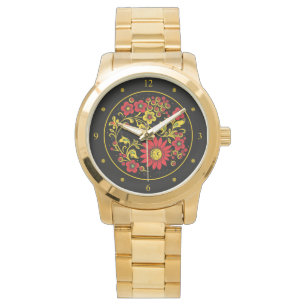 Reloj De Pulsera Khokhloma ~ Arte popular ruso ~ Flores rojas/dorad