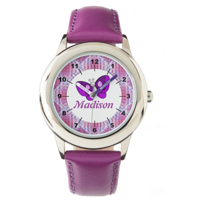 Reloj De Pulsera Kids Nombre personalizado mariposa rosada púrpura (Anverso)