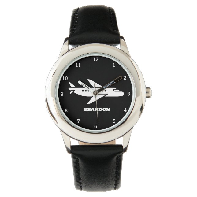 Reloj De Pulsera Kids Plane Boys Black Custom Name (Anverso)