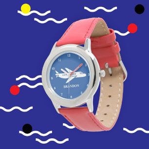 Reloj De Pulsera Kids Plane Boys Blue Custom Name