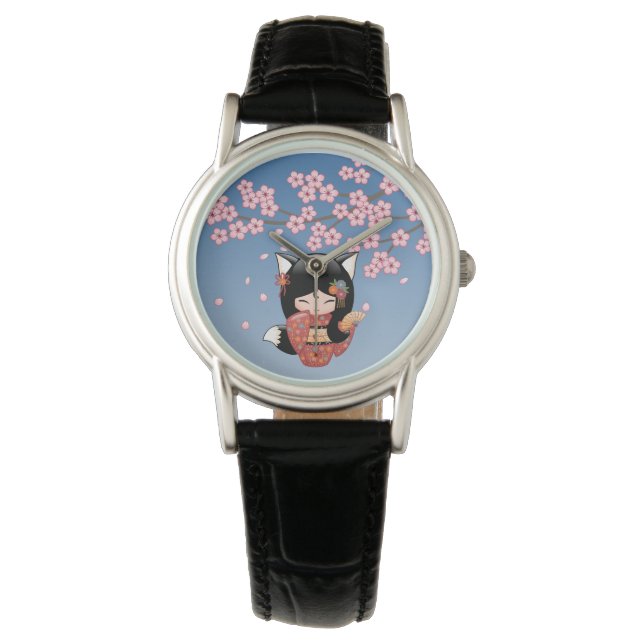 Reloj De Pulsera Kitsune Kokeshi Doll - Chica negro Fox Geisha (Anverso)