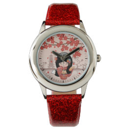 Reloj De Pulsera Kitsune Kokeshi Doll - Chica negro Fox Geisha