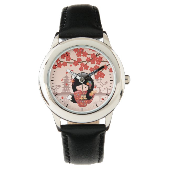 Reloj De Pulsera Kitsune Kokeshi Doll - Chica negro Fox Geisha (Anverso)