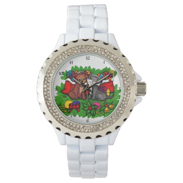 Reloj De Pulsera Kitty and Puppy , Happy XMas (Anverso)