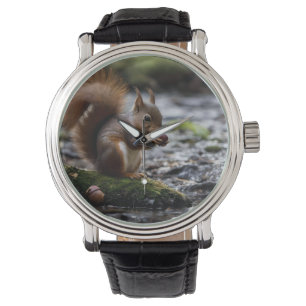 Reloj De Pulsera La Ardilla Al Lado Del Río Comiendo Un Acorn,