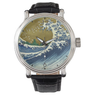 Reloj De Pulsera La gran ola (arte japonés azul y oro, Hokusai)