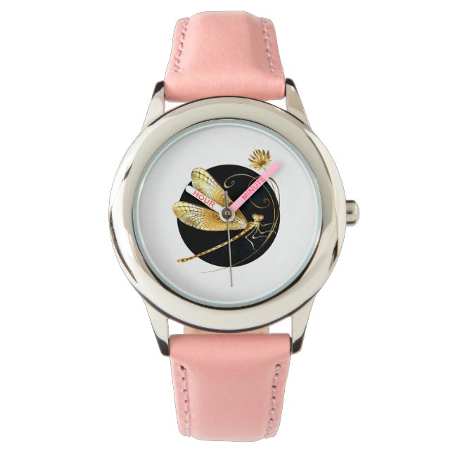 Reloj De Pulsera La libélula dorada en círculo negro (Anverso)
