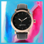 Reloj De Pulsera La muñeca de la banda negra de los hombres de oro<br><div class="desc">Este elegante reloj de pulsera para hombres con estilo y dorado de rosa está decorado con un fondo negro, una banda negra y personalizado con tu nombre. Puede cambiar fácilmente el nombre y borrar las marcas de graduación blancas si lo desea. Qué regalo maravilloso para un hombre mejor, un padrino,...</div>