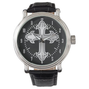 Reloj De Pulsera La plata de la cruz cristiana en negro