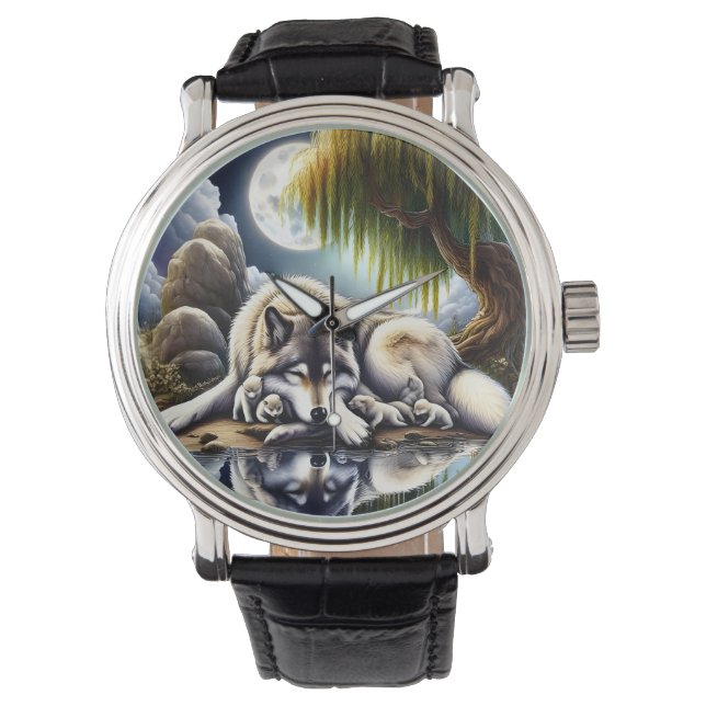Reloj De Pulsera La Serenidad De La Luna Un Lobo Sumiso (Anverso)