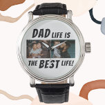 Reloj De Pulsera La vida de papá es el mejor padre de dos fotos de<br><div class="desc">Dad Life es la mejor vida de 2 fotos que ve el padre. Este reloj personalizado es el regalo perfecto para cualquier padre que sepa que ser padre es lo mejor que le ha pasado. El diseño presenta la cita "La vida de papá es la mejor vida" en negritas que...</div>