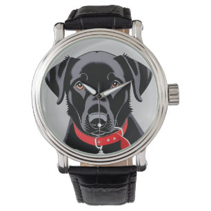 Reloj De Pulsera Labrador Retriever negro con collar rojo