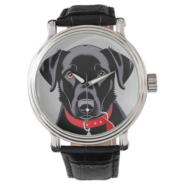 Reloj De Pulsera Labrador Retriever negro con collar rojo (Anverso)