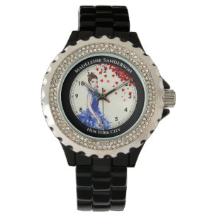 Reloj De Pulsera Lady con Sparkly Blue Gown Fashion Red Hearts