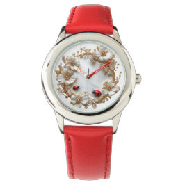 Reloj De Pulsera Ladybugs White Pearls Enamel Flores de Oro