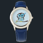 Reloj De Pulsera Lechuza Azul Cuta<br><div class="desc">Elegante reloj personalizado presenta un ilustracion vectorial dulce de un búho encaramado en una rama de árbol sobre un fondo de patrón de puntos de polka. Babystar Design en mygrafico.com</div>